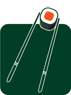 Illustration of chopsticks holding a sushi roll with a green seaweed wrap and an orange center on a dark green background.