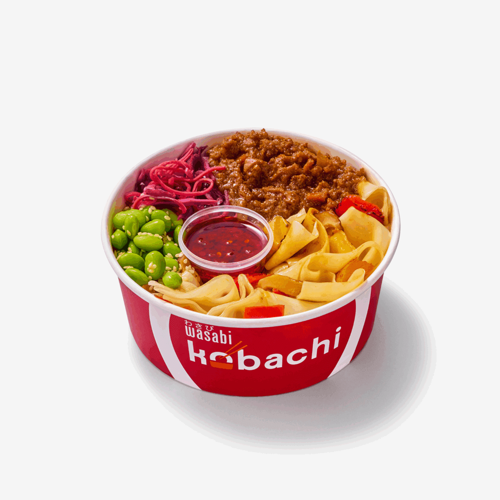 A red and white bowl labeled