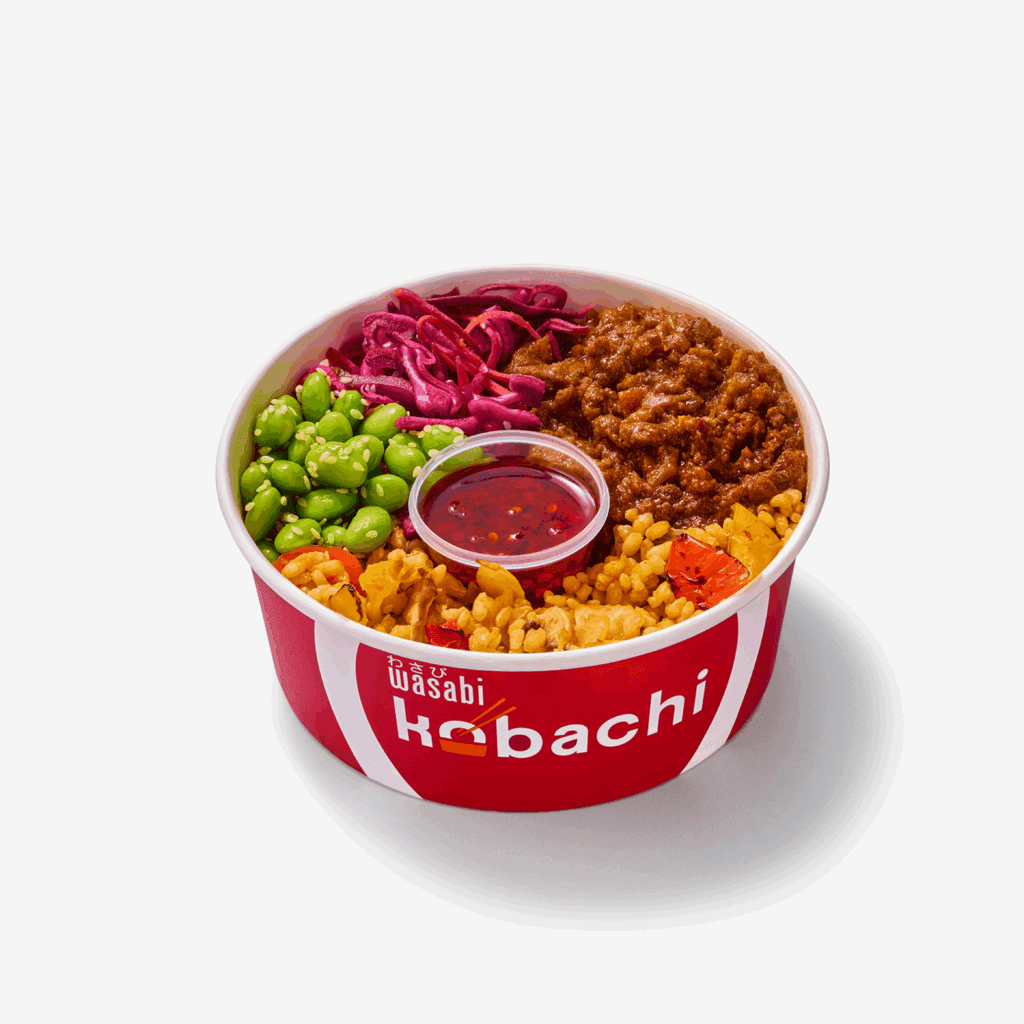A red bowl labeled