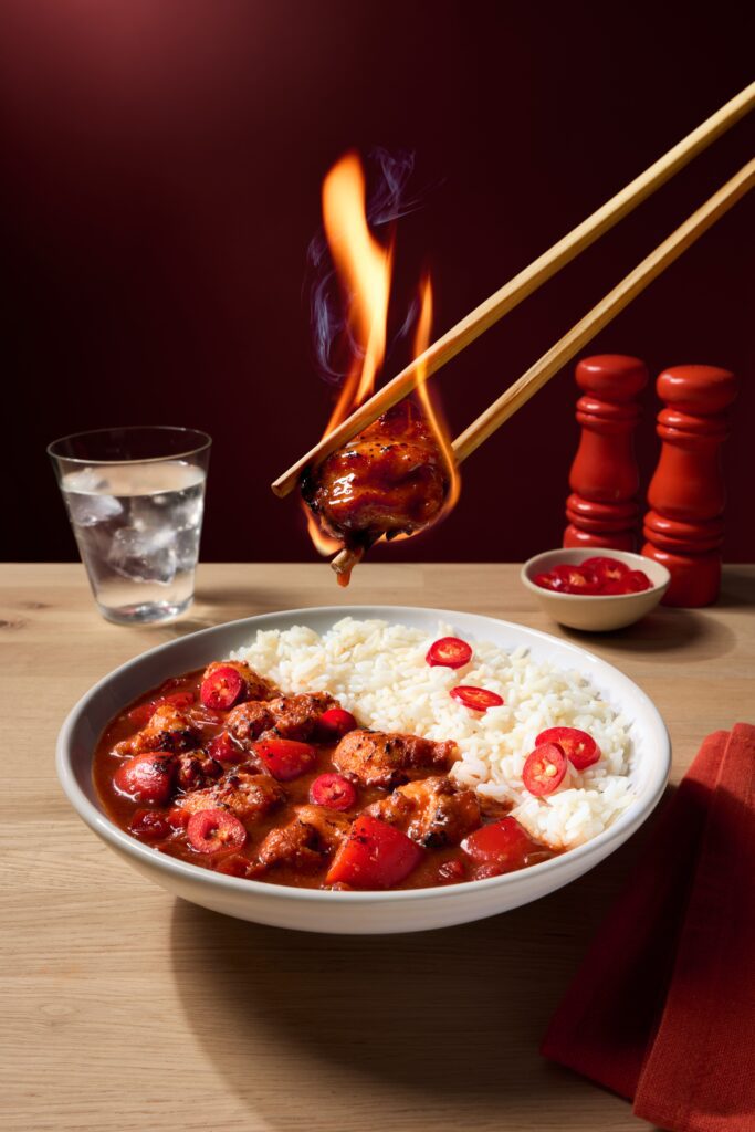 A bowl of white rice and spicy red chicken curry is on a table. Chopsticks hold a flaming piece of chicken above the bowl. Red pepper slices are scattered on top, with a glass of water and salt and pepper shakers in the background.
