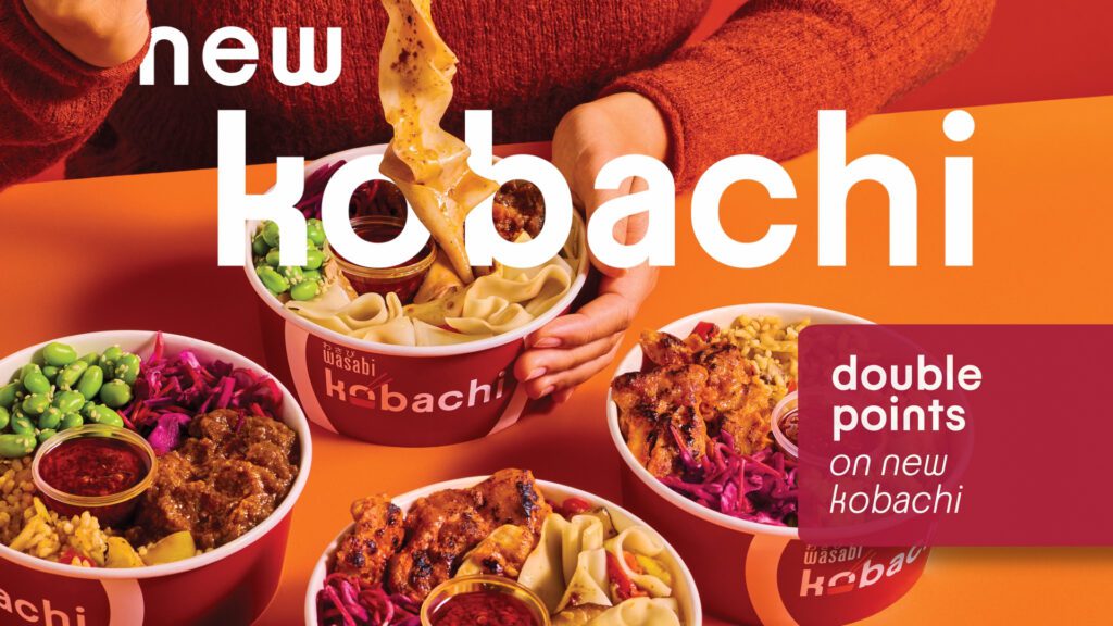 A person in an orange sweater lifts noodles from a bowl of kabachi among three colorful kabachi bowls on an orange table. Text reads 