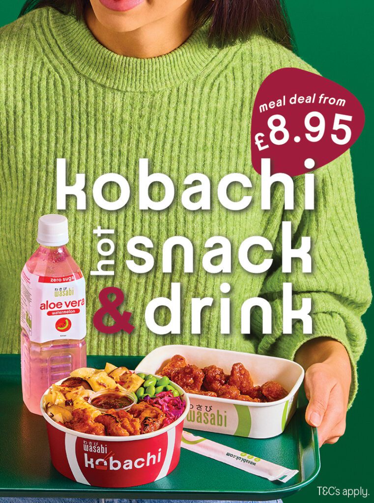 A person in a green sweater holds a tray with a bottled drink and two bowls of food. Text on the image advertises a kobachi hot snack and drink meal deal starting from £8.95.