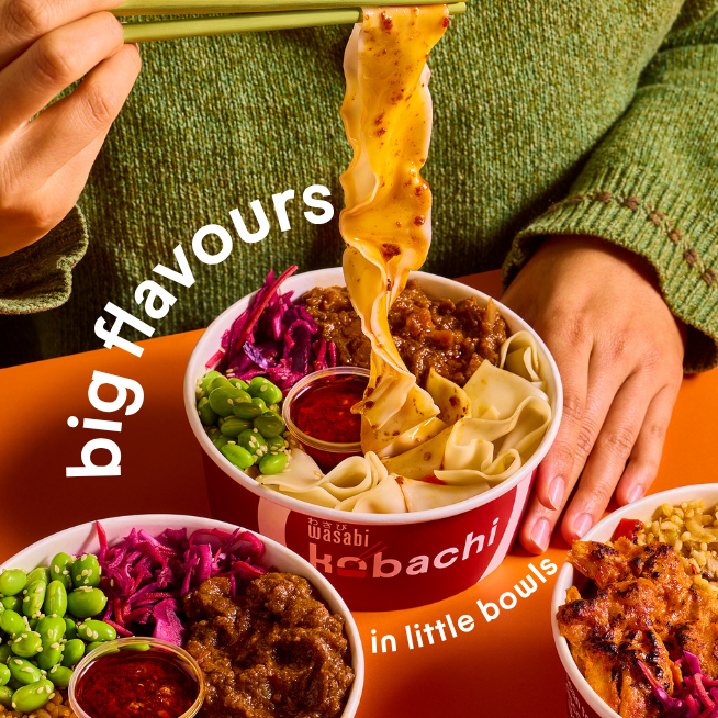 A person lifts wide noodles with chopsticks from a bowl of colourful Asian food; two other bowls with vibrant toppings and sauce sit nearby. Text reads “big flavours in little bowls.”.