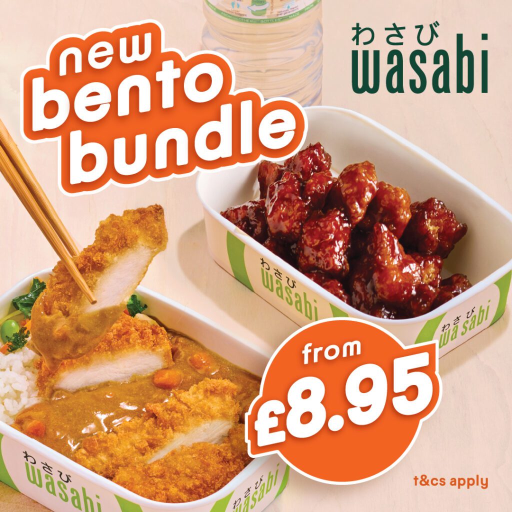 Two Wasabi-branded bento boxes, one with katsu curry and rice, the other with glazed chicken. A hand holds chopsticks, and text promotes a new bento bundle starting from £8.95.